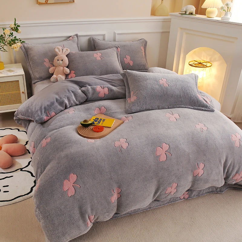 1PC Duvet Cover and 2PC Pillowcase Set Flannel Coral Fleece Warm Winter Thick Single Double Queen King Quilt Bedding Set - Slobuy