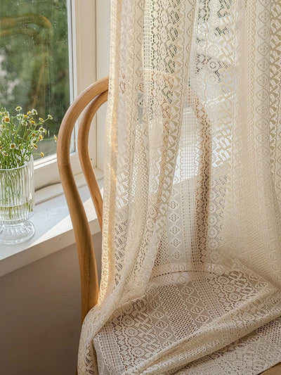1PC Japanese Boho Style Voile Tulle，Beige Vintage Argyle Geometric Sheer Curtain，Rod Pocket，for the Living Room Decor - Slobuy