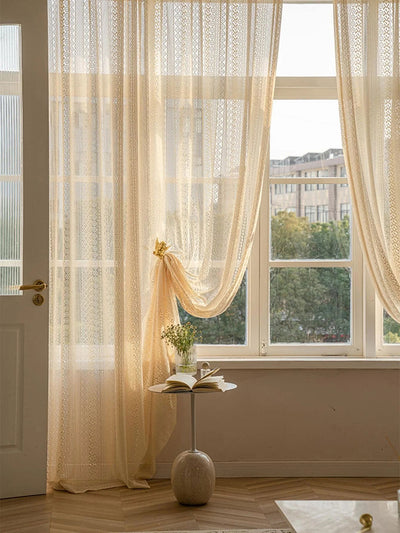 1PC Japanese Boho Style Voile Tulle，Beige Vintage Argyle Geometric Sheer Curtain，Rod Pocket，for the Living Room Decor - Slobuy