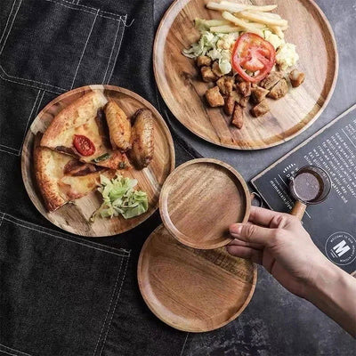 1PC Natural Wooden Tray Round Simple Serving Tray Retro Wood Plates Fruit Dessert Plate Snack Fruit Platter Food Plate Dish - Slobuy