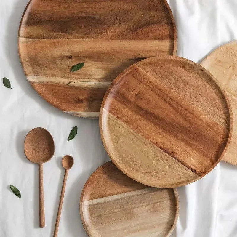 1PC Natural Wooden Tray Round Simple Serving Tray Retro Wood Plates Fruit Dessert Plate Snack Fruit Platter Food Plate Dish - Slobuy