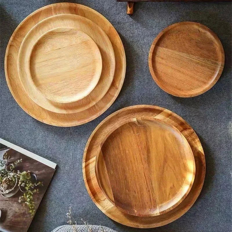 1PC Natural Wooden Tray Round Simple Serving Tray Retro Wood Plates Fruit Dessert Plate Snack Fruit Platter Food Plate Dish - Slobuy