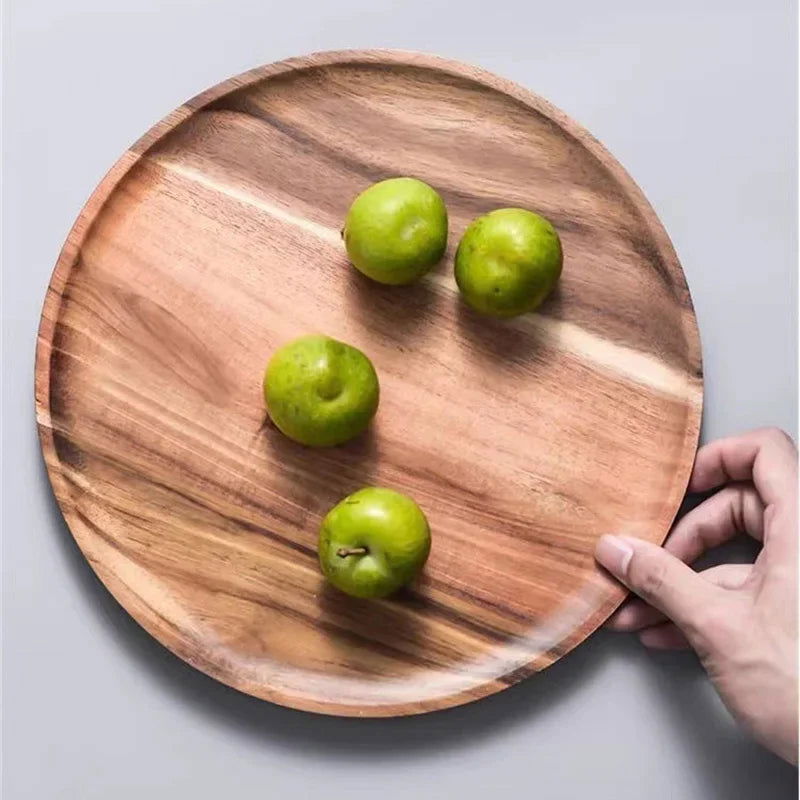 1PC Natural Wooden Tray Round Simple Serving Tray Retro Wood Plates Fruit Dessert Plate Snack Fruit Platter Food Plate Dish - Slobuy
