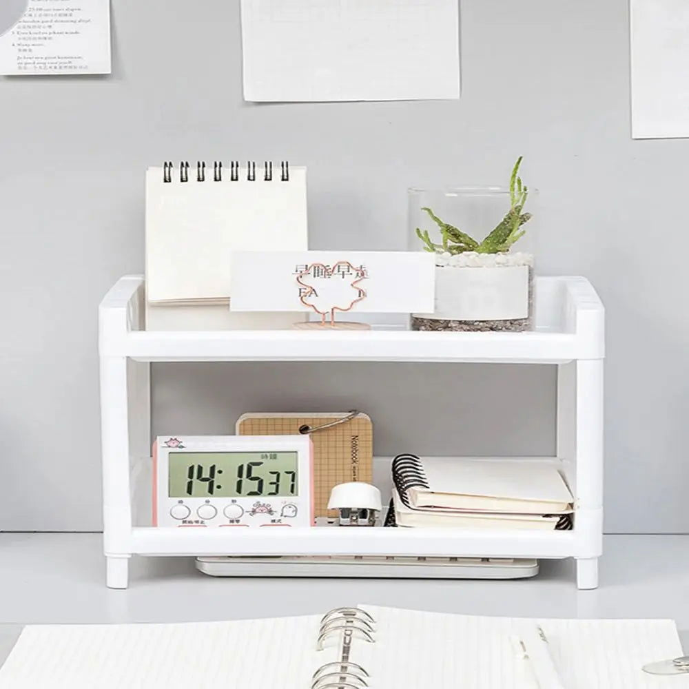 1PC PP Desktop Double Layer Storage Rack Rectangular White Organizing Student Desk Office Cosmetics Stationery - Slobuy