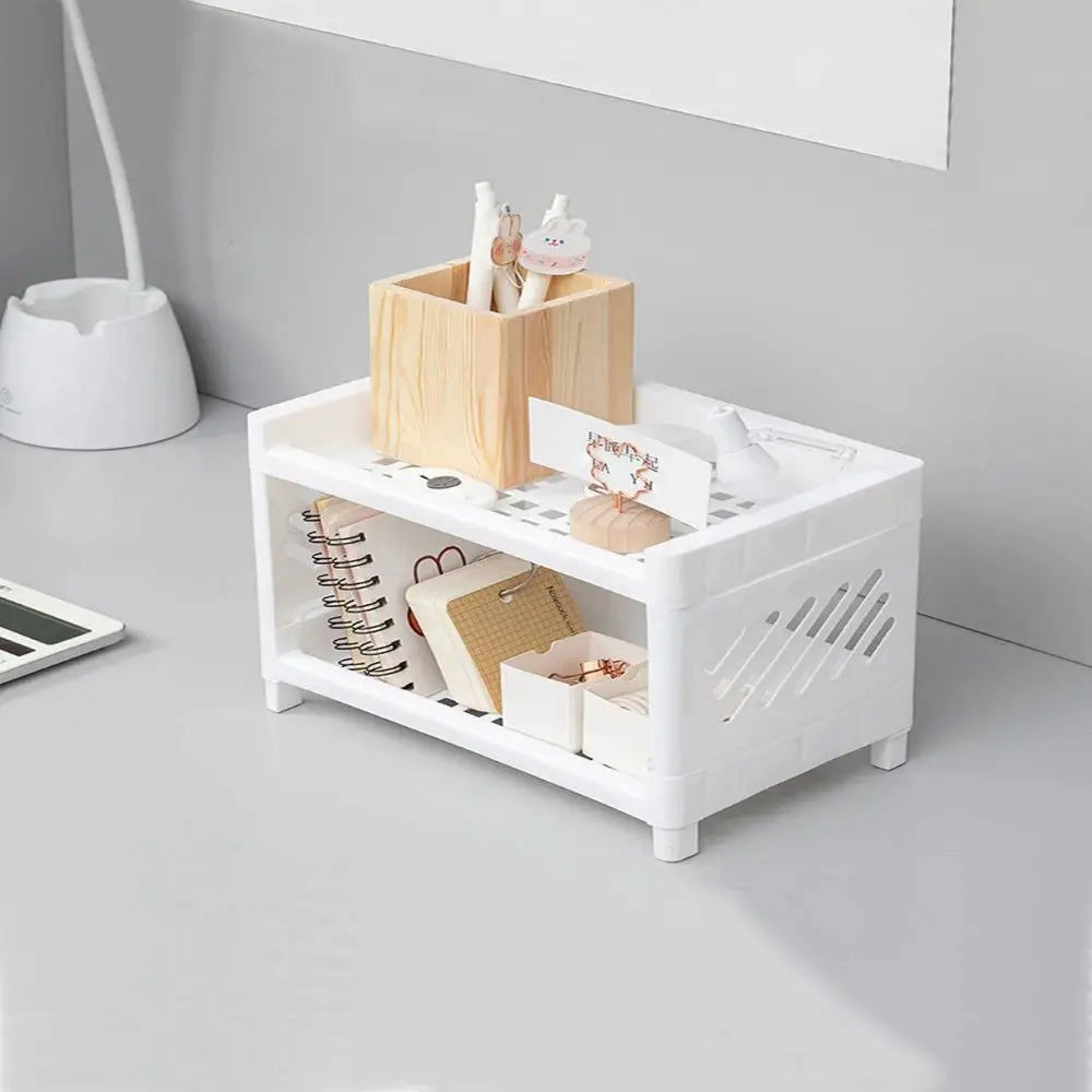 1PC PP Desktop Double Layer Storage Rack Rectangular White Organizing Student Desk Office Cosmetics Stationery - Slobuy