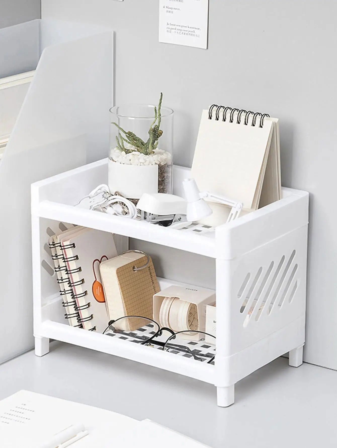 1PC PP Desktop Double Layer Storage Rack Rectangular White Organizing Student Desk Office Cosmetics Stationery - Slobuy