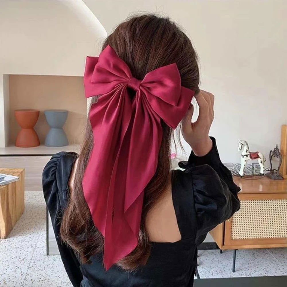 1PC Solid Color Satin Ribbon Big Bows Spring Clips Oversize Hair Pin Retro Hairpin Headwear Wedding Party Hair Accessories - Slobuy