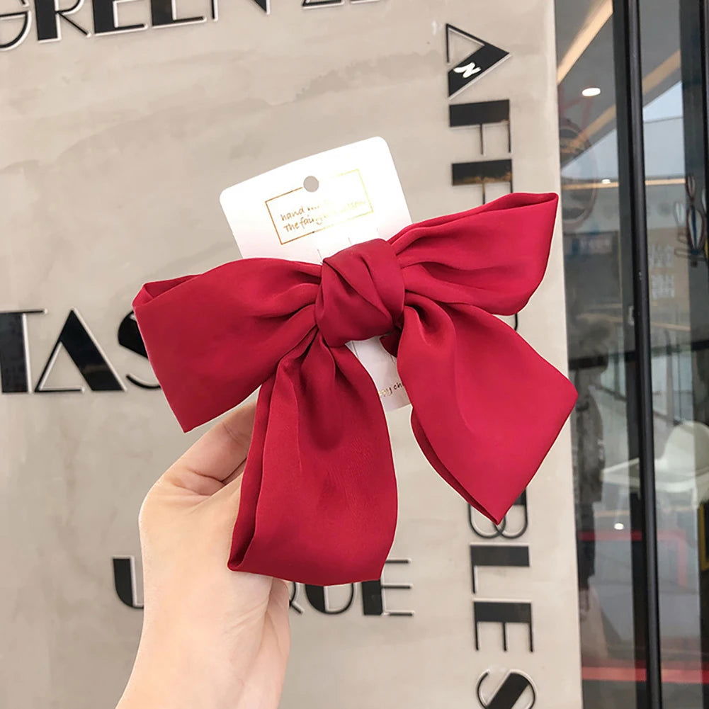 1PC Solid Color Satin Ribbon Big Bows Spring Clips Oversize Hair Pin Retro Hairpin Headwear Wedding Party Hair Accessories - Slobuy