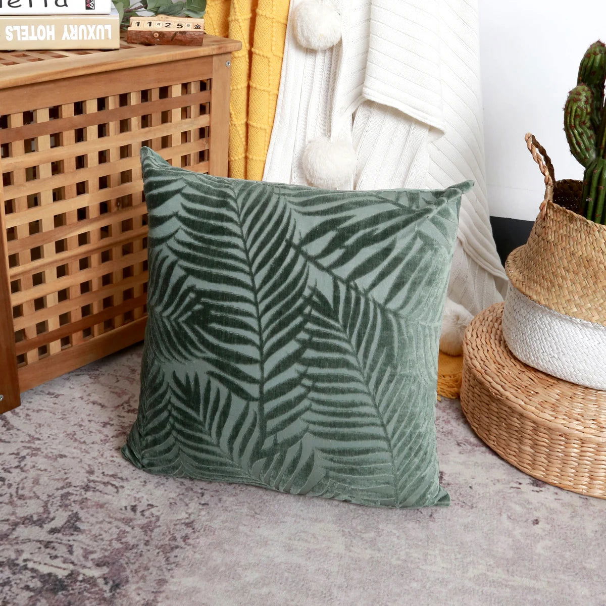 1Pc Velvet Leaf Throw Pillow Covers, Modern Square Decorative Pillowcase, Neutral Palm Cushion Case for Sofa Couch 18 x 18 Inch - Slobuy