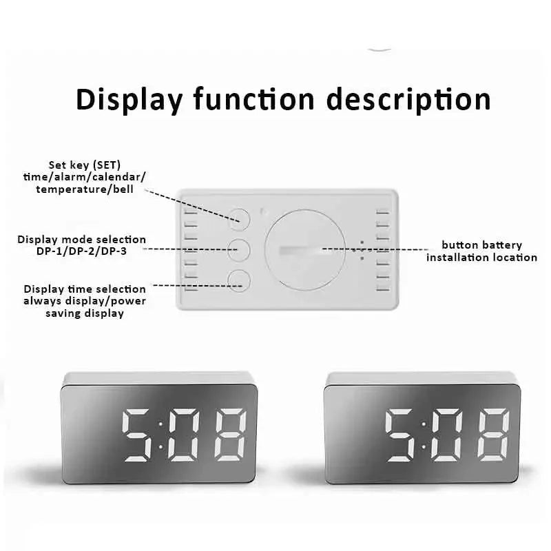 1Pc White LED Mirror Table Clock Snooze Display Time Night Light Desktop USB Alarm Clock Home Decor - Slobuy