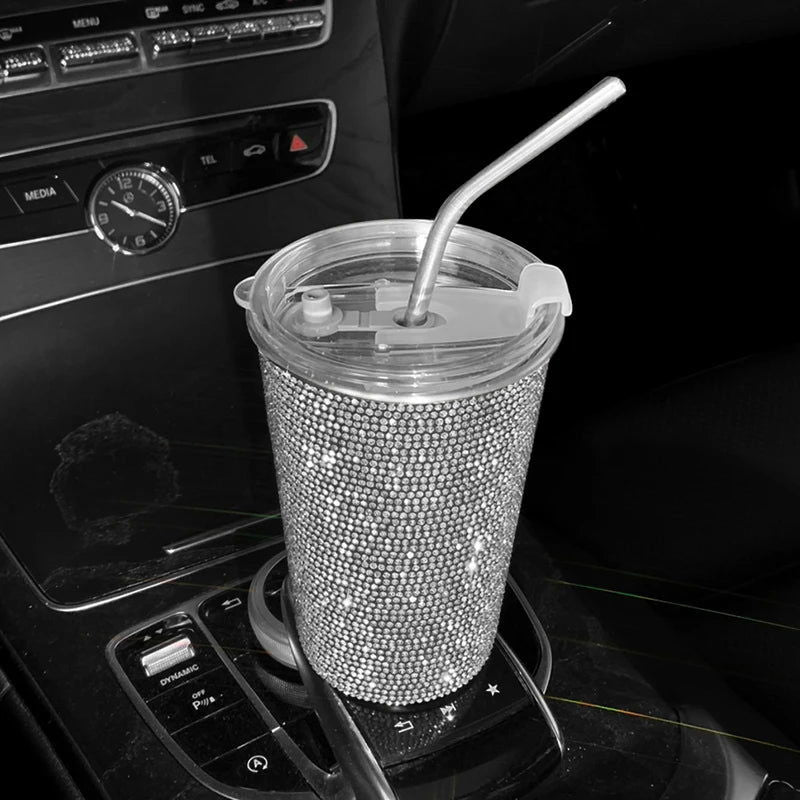 1 PC Diamond Inlaid Beverage Cup Simple and Fashionable Stainless Steel Straw Coffee Cup with Diamond Inlay 550ml - Slobuy