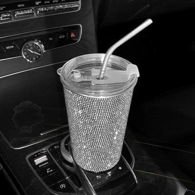 1 PC Diamond Inlaid Beverage Cup Simple and Fashionable Stainless Steel Straw Coffee Cup with Diamond Inlay 550ml - Slobuy
