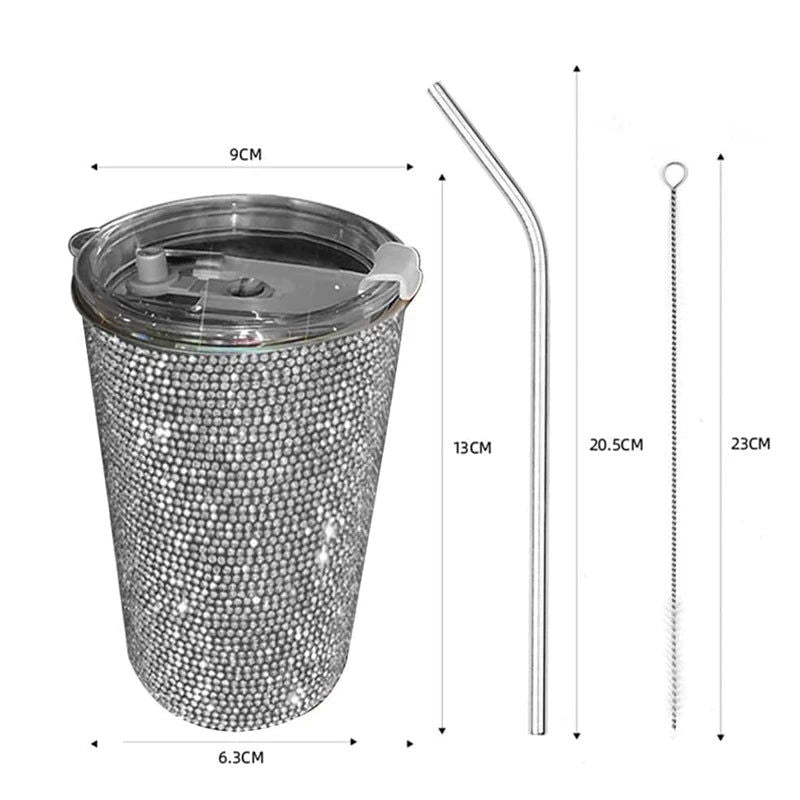 1 PC Diamond Inlaid Beverage Cup Simple and Fashionable Stainless Steel Straw Coffee Cup with Diamond Inlay 550ml - Slobuy