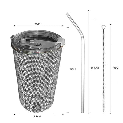 1 PC Diamond Inlaid Beverage Cup Simple and Fashionable Stainless Steel Straw Coffee Cup with Diamond Inlay 550ml - Slobuy