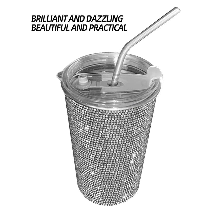 1 PC Diamond Inlaid Beverage Cup Simple and Fashionable Stainless Steel Straw Coffee Cup with Diamond Inlay 550ml - Slobuy