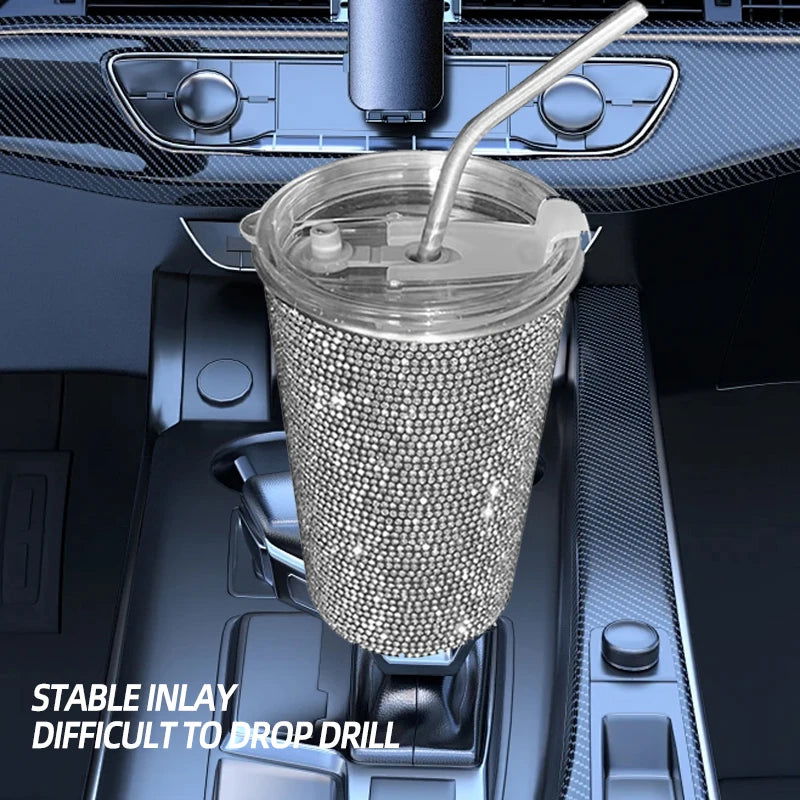 1 PC Diamond Inlaid Beverage Cup Simple and Fashionable Stainless Steel Straw Coffee Cup with Diamond Inlay 550ml - Slobuy