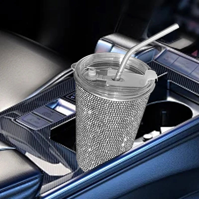 1 PC Diamond Inlaid Beverage Cup Simple and Fashionable Stainless Steel Straw Coffee Cup with Diamond Inlay 550ml - Slobuy