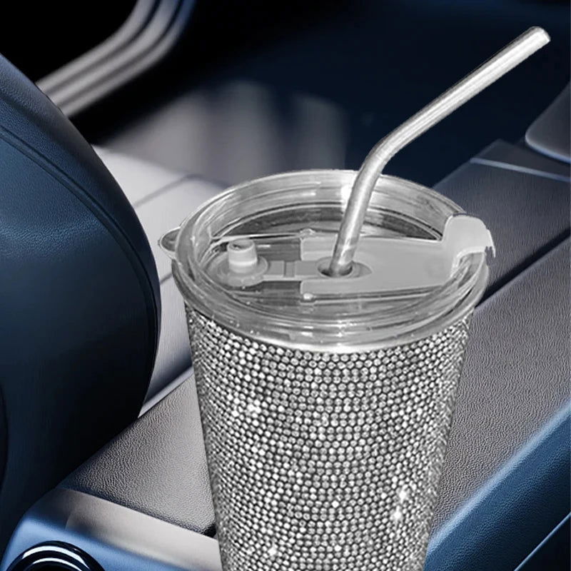 1 PC Diamond Inlaid Beverage Cup Simple and Fashionable Stainless Steel Straw Coffee Cup with Diamond Inlay 550ml - Slobuy