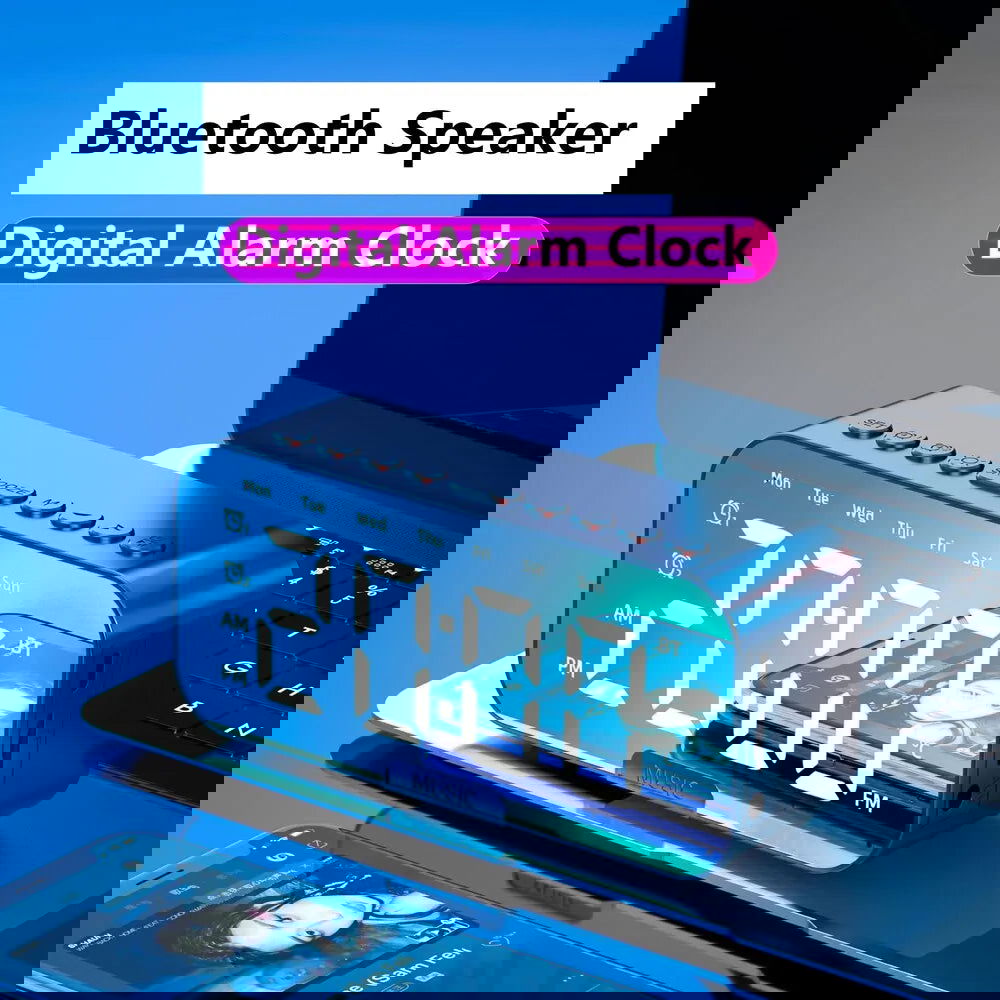 1pc LED Digital Alarm Clock with Bluetooth ,Speaker Mirror Bedroom Office Decor Table Screen Temperature FM Radio - Slobuy