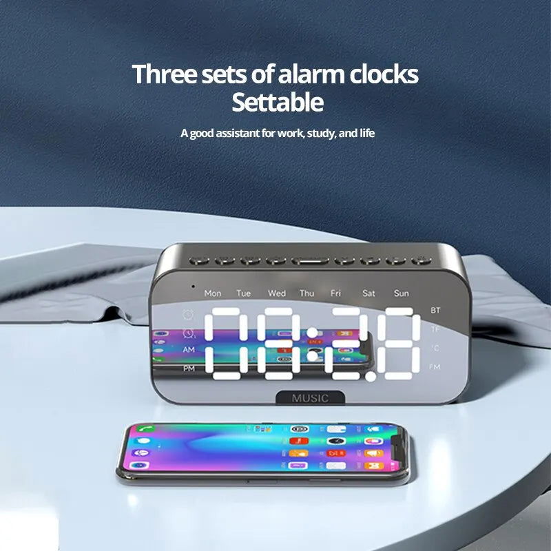 1pc LED Digital Alarm Clock with Bluetooth ,Speaker Mirror Bedroom Office Decor Table Screen Temperature FM Radio - Slobuy
