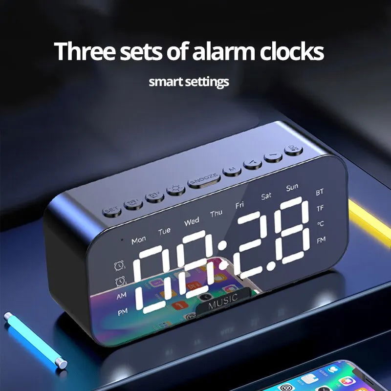 1pc LED Digital Alarm Clock with Bluetooth ,Speaker Mirror Bedroom Office Decor Table Screen Temperature FM Radio - Slobuy