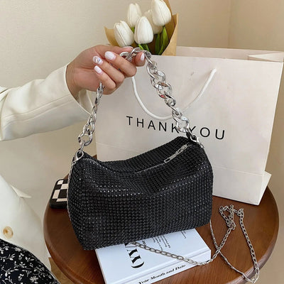 1pc New Portable Fashion Women's Crossbody Bag With Bright Diamonds And Metal Chains PU Material For Dinner Parties Everyday - Slobuy