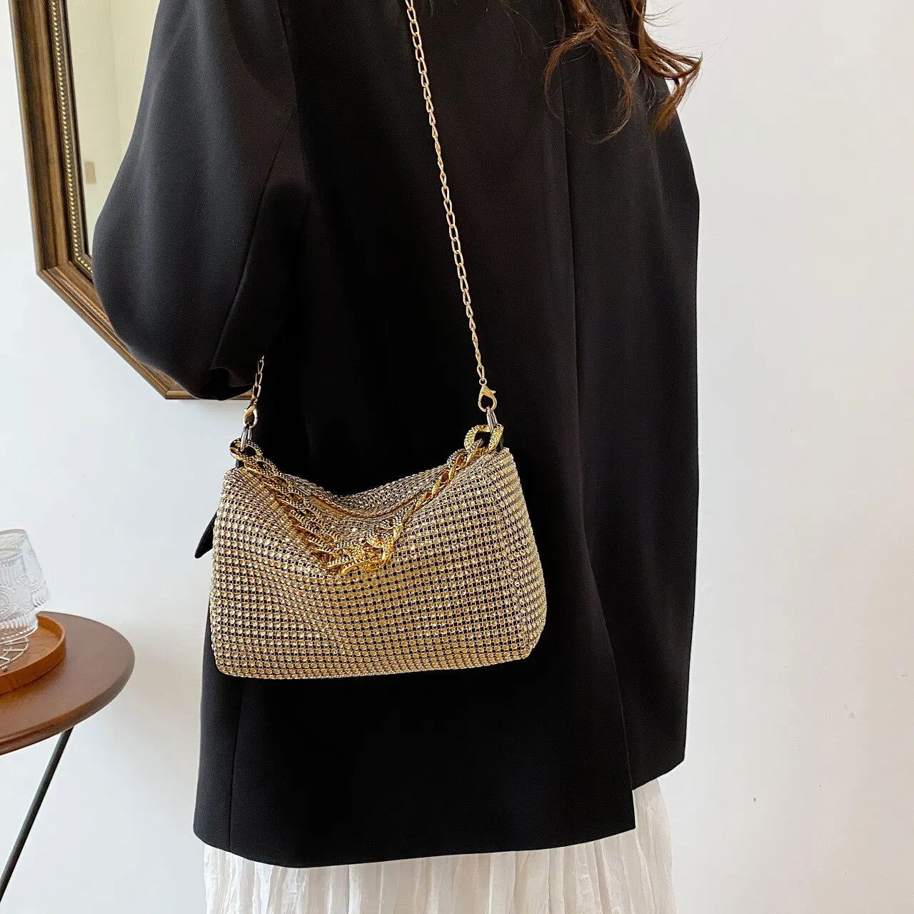 1pc New Portable Fashion Women's Crossbody Bag With Bright Diamonds And Metal Chains PU Material For Dinner Parties Everyday - Slobuy