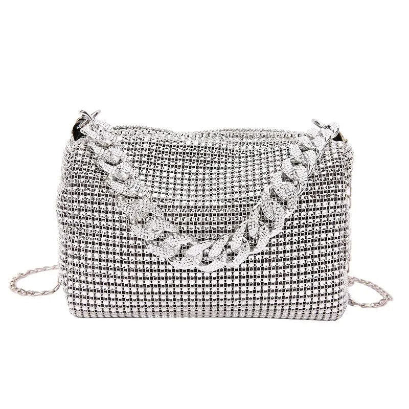 1pc New Portable Fashion Women's Crossbody Bag With Bright Diamonds And Metal Chains PU Material For Dinner Parties Everyday - Slobuy