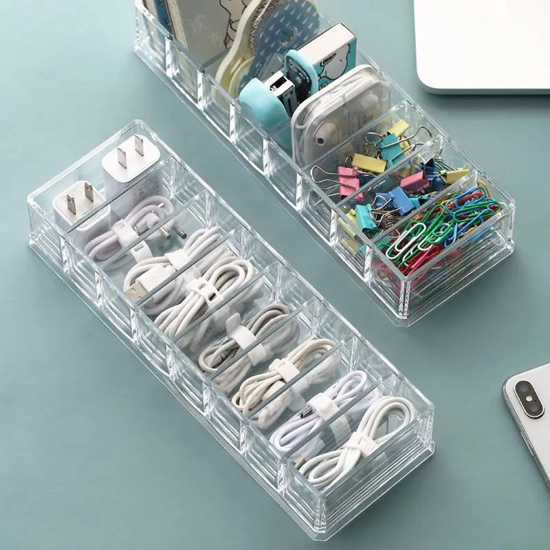 1pc Transparent Plastic 7Grids Desktop Data Cable Storage Box MobilePhone Charger Charging Cable Finishing Box Divided Grid Box - Slobuy