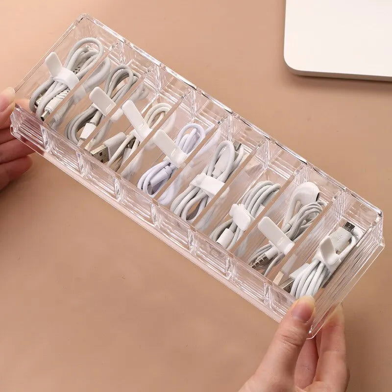 1pc Transparent Plastic 7Grids Desktop Data Cable Storage Box MobilePhone Charger Charging Cable Finishing Box Divided Grid Box - Slobuy