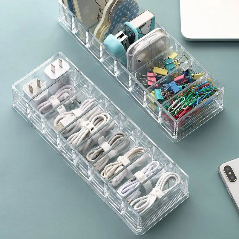 1pc Transparent Plastic 7Grids Desktop Data Cable Storage Box MobilePhone Charger Charging Cable Finishing Box Divided Grid Box - Slobuy