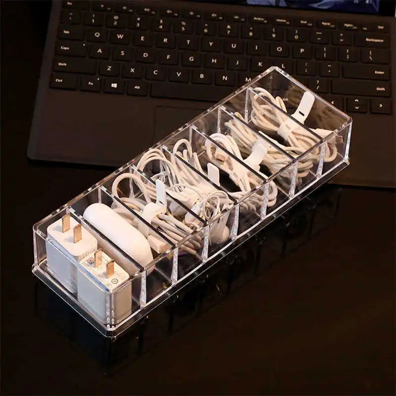 1pc Transparent Plastic 7Grids Desktop Data Cable Storage Box MobilePhone Charger Charging Cable Finishing Box Divided Grid Box - Slobuy