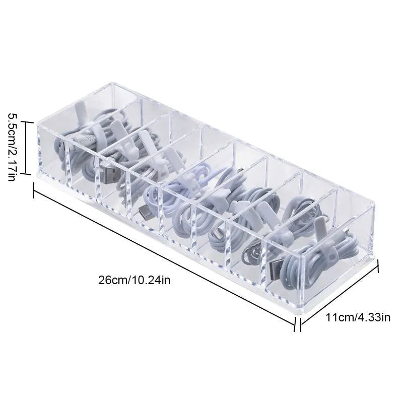 1pc Transparent Plastic 7Grids Desktop Data Cable Storage Box MobilePhone Charger Charging Cable Finishing Box Divided Grid Box - Slobuy
