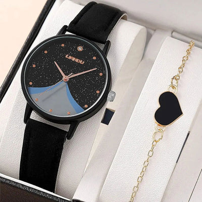 1pc Women Quartz Watch With Qpc Heart Bracelet Fashion Casual Round Pointer Quartz Watch Dainty Black Heart Bracelet Set - Slobuy