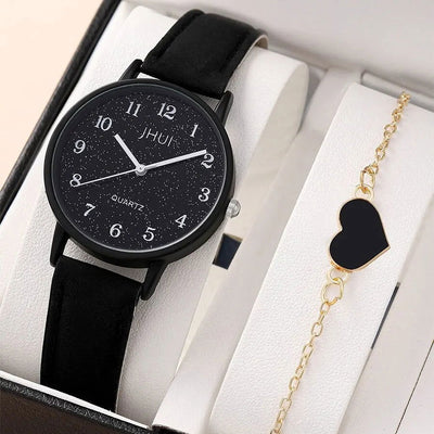 1pc Women Quartz Watch With Qpc Heart Bracelet Fashion Casual Round Pointer Quartz Watch Dainty Black Heart Bracelet Set - Slobuy