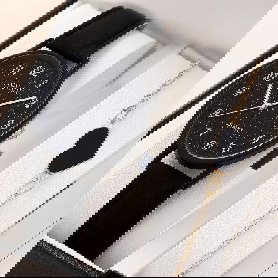 1pc Women Quartz Watch With Qpc Heart Bracelet Fashion Casual Round Pointer Quartz Watch Dainty Black Heart Bracelet Set - Slobuy