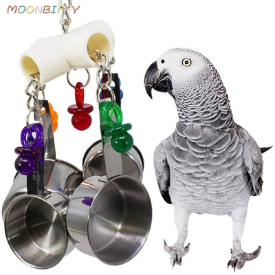1pcs Pet Bird Parrot Toy 4 Stainless Steel Pots String Bird Chewing Bite Toys Acrylic Cage Accessories Pets Birds Supplies - Slobuy