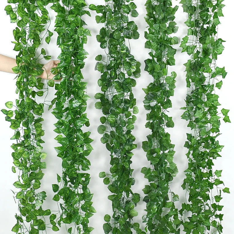 2.1M Artificial Plant Green Ivy Leaf Garland Silk Wall Hanging Vine Home Garden Decoration Wedding Party DIY Fake Wreath Leaves - Slobuy