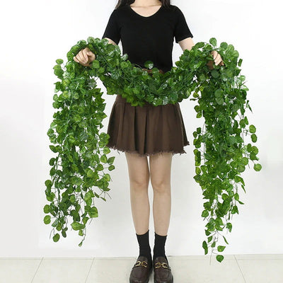 2.1M Artificial Plant Green Ivy Leaf Garland Silk Wall Hanging Vine Home Garden Decoration Wedding Party DIY Fake Wreath Leaves - Slobuy
