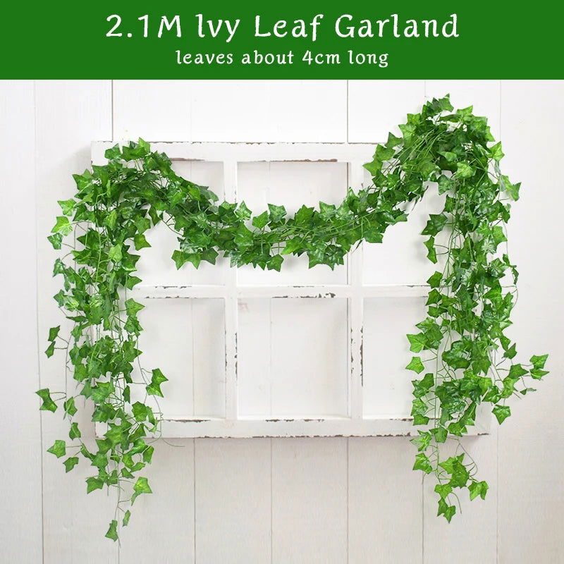 2.1M Artificial Plant Green Ivy Leaf Garland Silk Wall Hanging Vine Home Garden Decoration Wedding Party DIY Fake Wreath Leaves - Slobuy