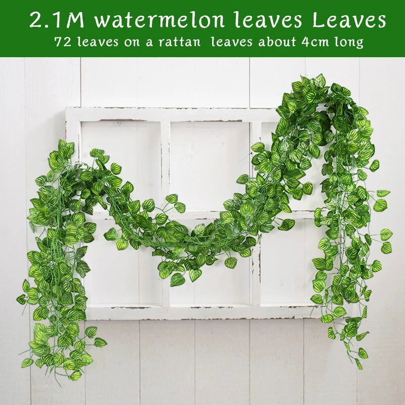 2.1M Artificial Plant Green Ivy Leaf Garland Silk Wall Hanging Vine Home Garden Decoration Wedding Party DIY Fake Wreath Leaves - Slobuy