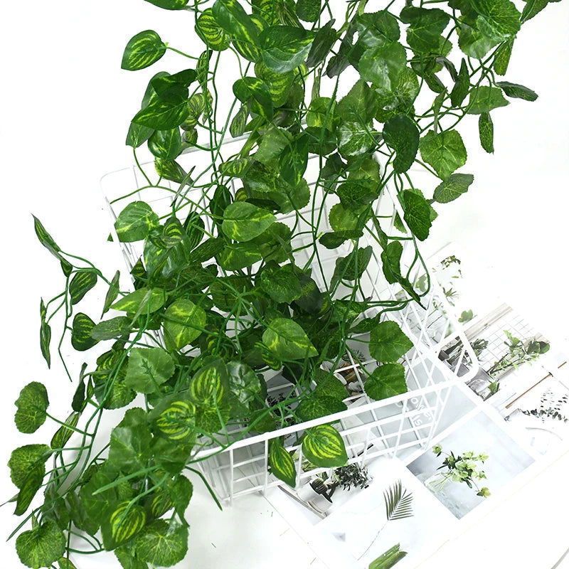 2.1M Artificial Plant Green Ivy Leaf Garland Silk Wall Hanging Vine Home Garden Decoration Wedding Party DIY Fake Wreath Leaves - Slobuy