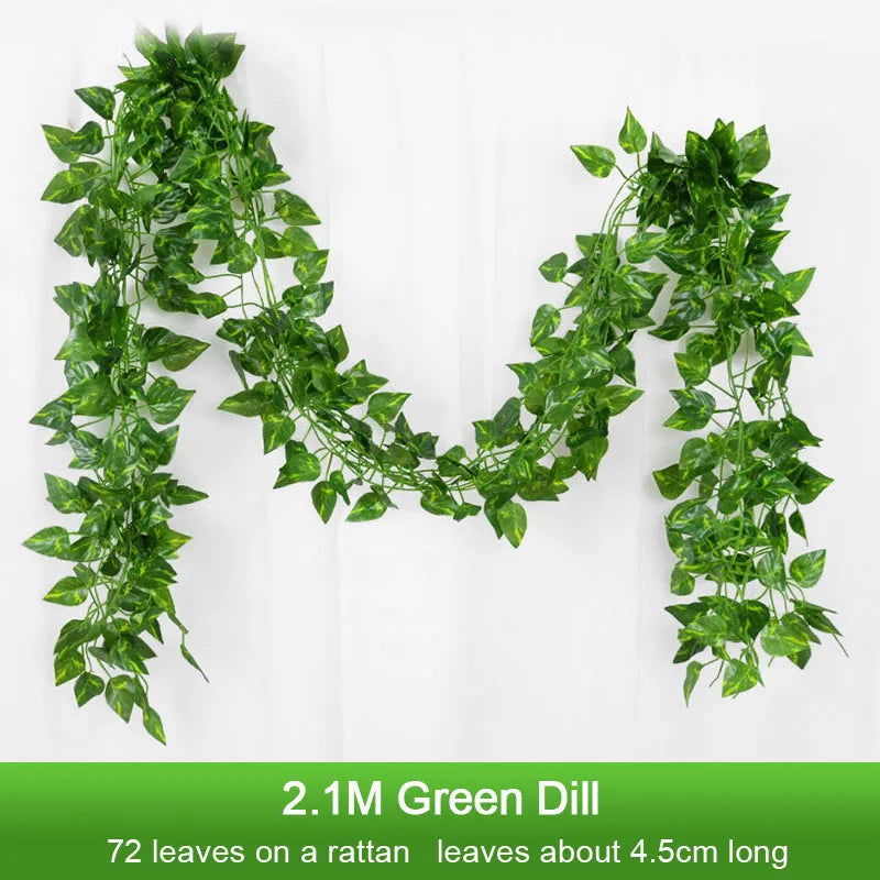 2.1M Artificial Plant Green Ivy Leaf Garland Silk Wall Hanging Vine Home Garden Decoration Wedding Party DIY Fake Wreath Leaves - Slobuy