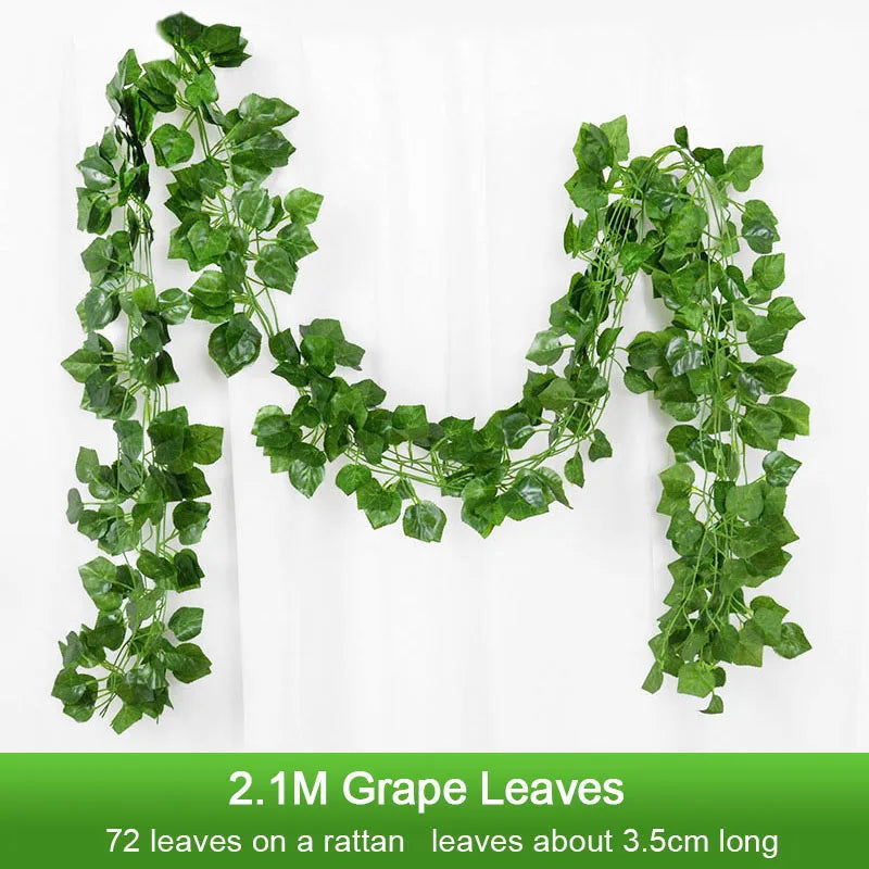 2.1M Artificial Plant Green Ivy Leaf Garland Silk Wall Hanging Vine Home Garden Decoration Wedding Party DIY Fake Wreath Leaves - Slobuy