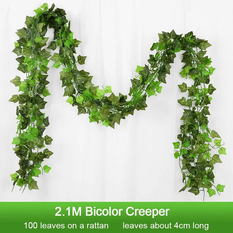 2.1M Artificial Plant Green Ivy Leaf Garland Silk Wall Hanging Vine Home Garden Decoration Wedding Party DIY Fake Wreath Leaves - Slobuy
