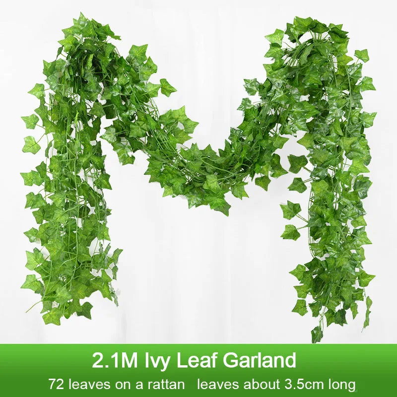 2.1M Artificial Plant Green Ivy Leaf Garland Silk Wall Hanging Vine Home Garden Decoration Wedding Party DIY Fake Wreath Leaves - Slobuy