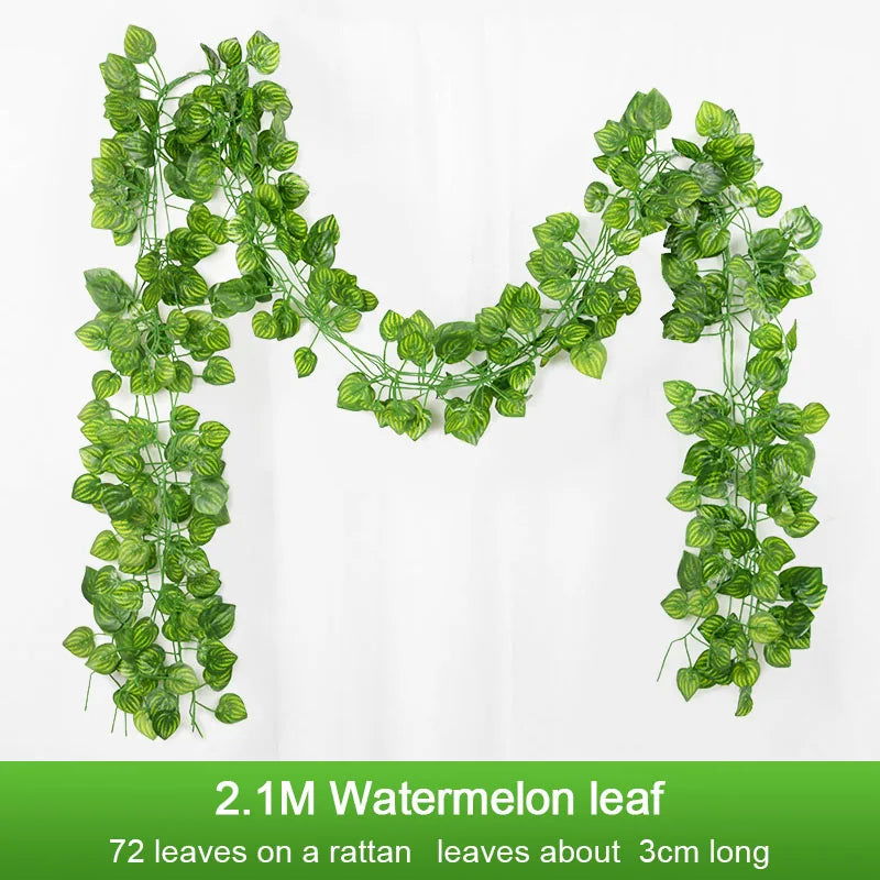 2.1M Artificial Plant Green Ivy Leaf Garland Silk Wall Hanging Vine Home Garden Decoration Wedding Party DIY Fake Wreath Leaves - Slobuy