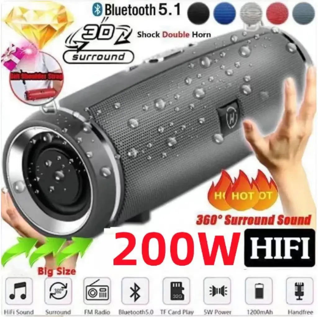 200W Portable Bluetooth Speaker IPX7 Waterproof Outdoor HIFI Pillar Speaker Subwoofer Stereo Speaker FM Radio TF Boom Box - Slobuy
