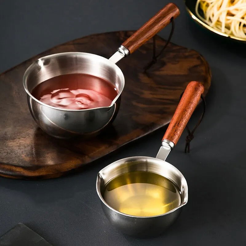 Stainless Steel Oil Pot with Wooden Handle 120ml/200ml Spilled Mini Soup Milk Pot Scalding-proof Kitchen Tool Cook Accessories - Slobuy