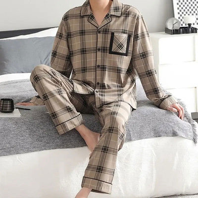 2023 Men’S Thermal Pajamas Sets Long Sleeve Long Pants Casual Housewear Suit Winter Autumn Clothing Checkered Pattern Sleepwear - Slobuy